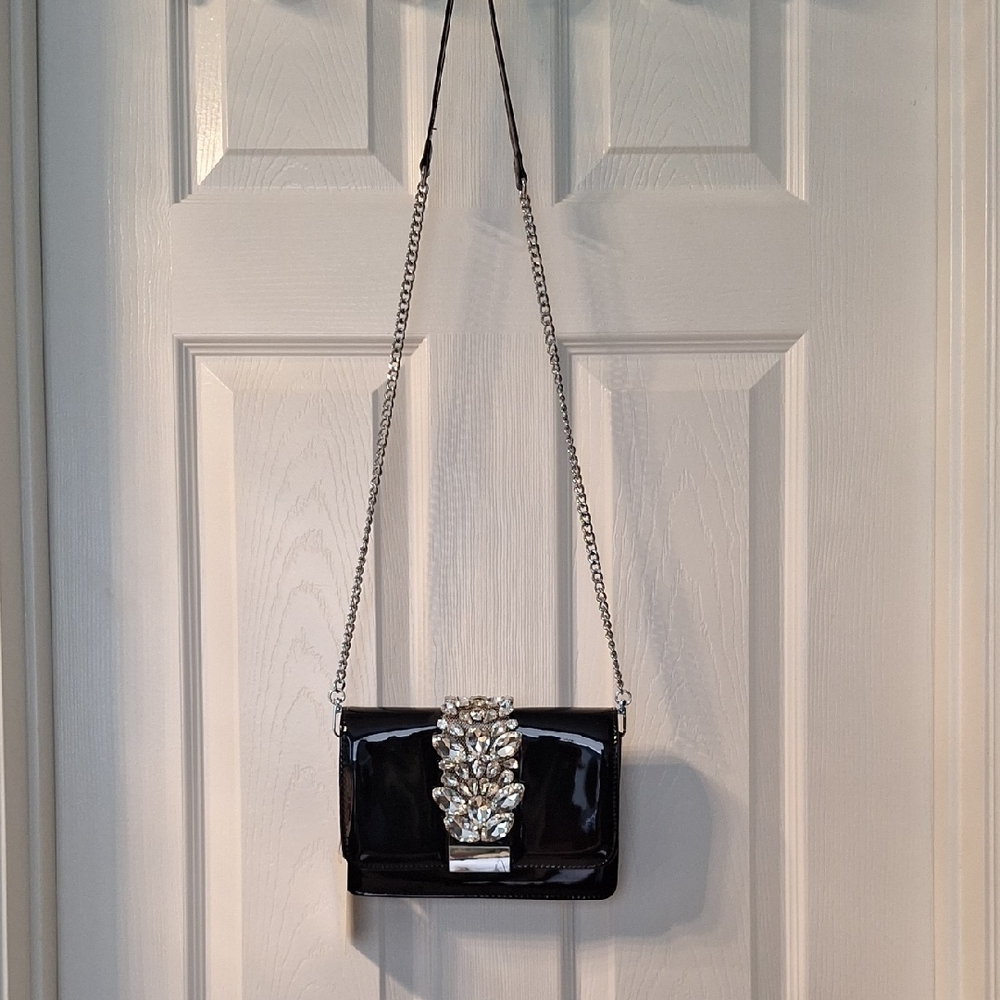 Rachel and Zoe Patent Leather Crossbody Bag with Crystal Accent - Black.